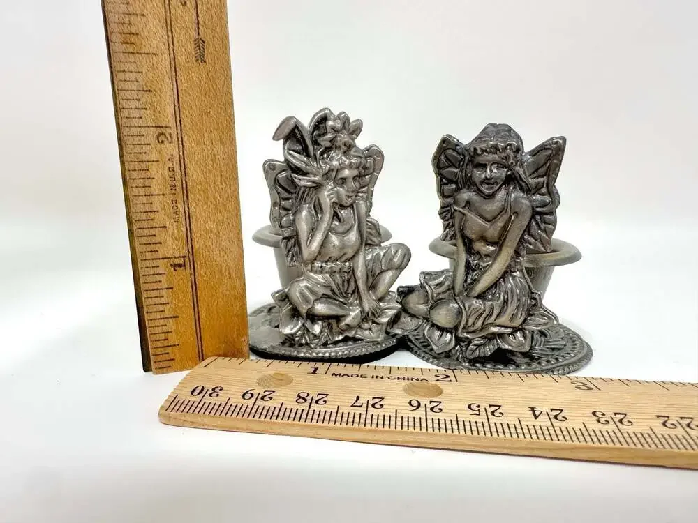 Pixie Fairies of the Woods Cast Pewter Vintage Candle Holders set of 2 fairycore